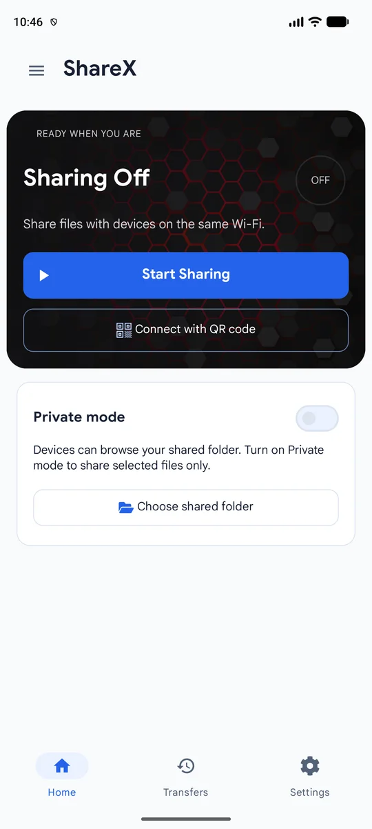 ShareX Android home screen with controls to start sharing and choose a shared folder